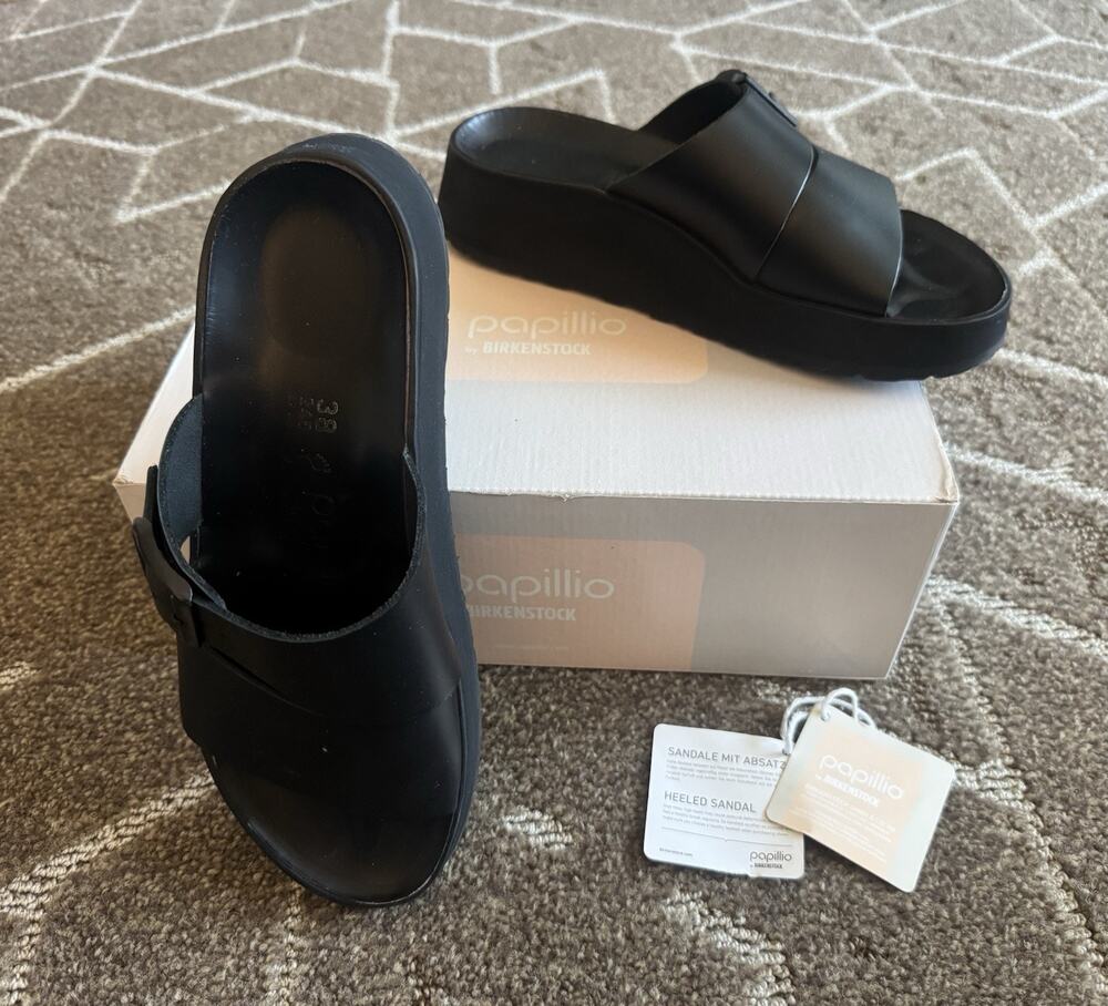 Papillio Birkenstocks Almina Black Leather Wedge Sandals Contoured Footbed 7 38